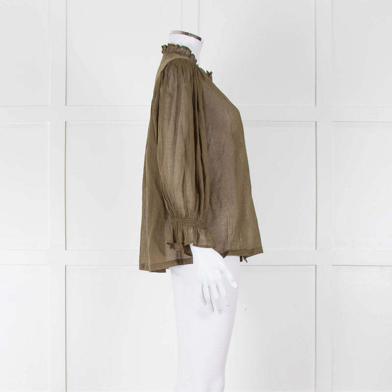 Iris Khaki Cotton Frill Trim Sheer Blouse