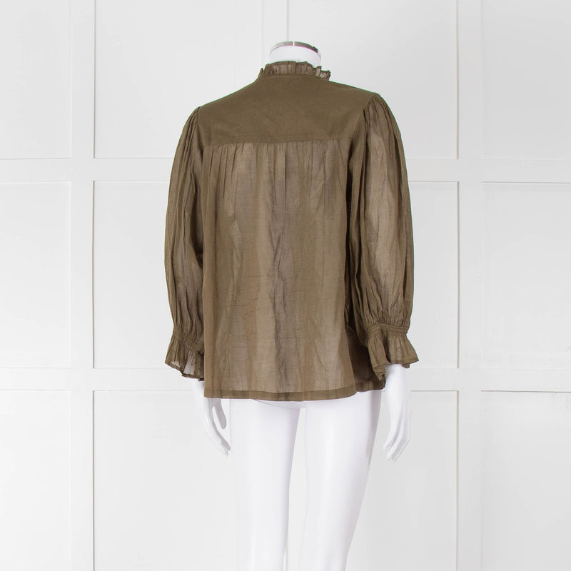Iris Khaki Cotton Frill Trim Sheer Blouse