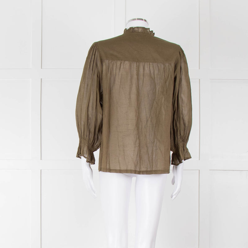 Iris Khaki Cotton Frill Trim Sheer Blouse