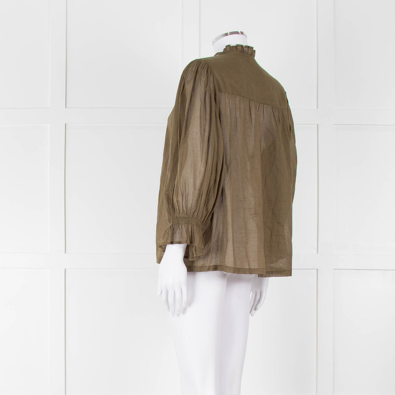 Iris Khaki Cotton Frill Trim Sheer Blouse