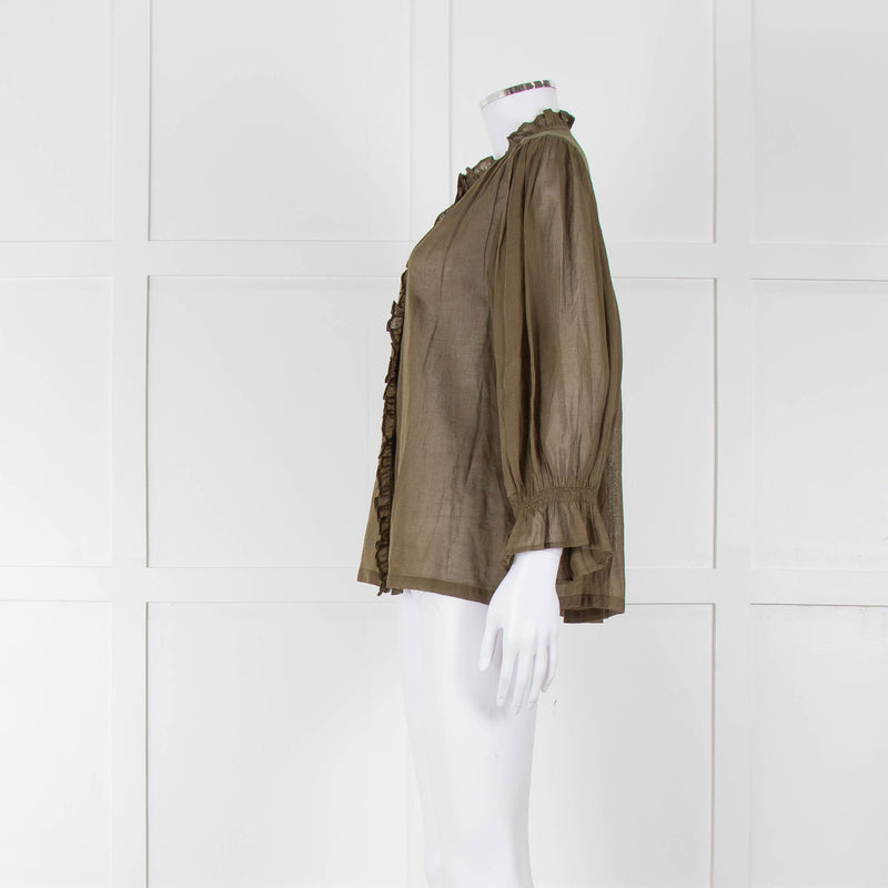Iris Khaki Cotton Frill Trim Sheer Blouse