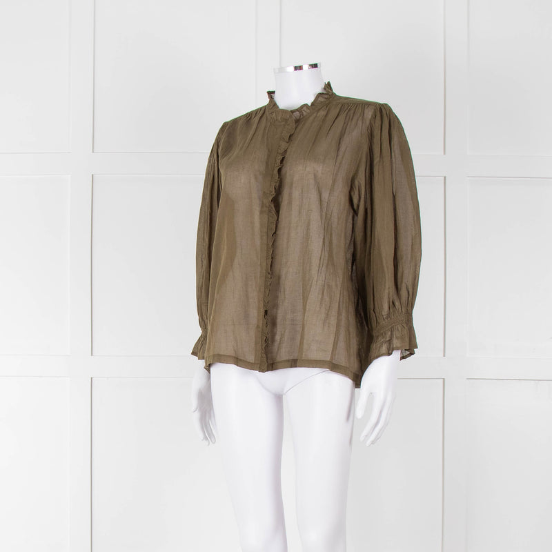 Iris Khaki Cotton Frill Trim Sheer Blouse