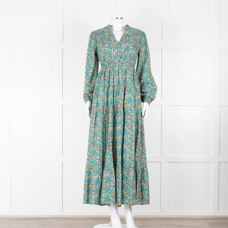 Iris Green Beige Floral Cotton Long Sleeve Maxi Dress
