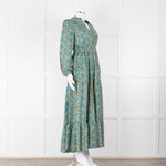Iris Green Beige Floral Cotton Long Sleeve Maxi Dress