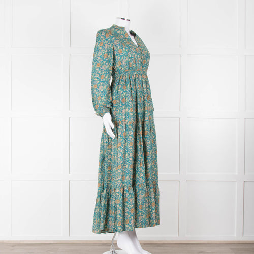 Iris Green Beige Floral Cotton Long Sleeve Maxi Dress