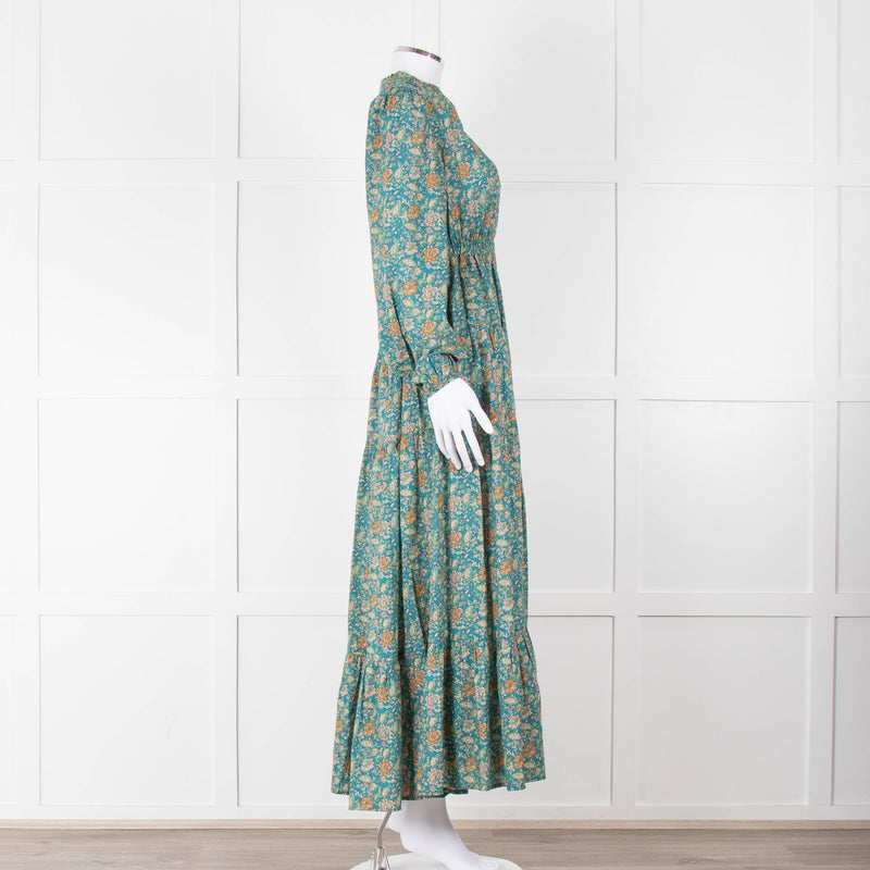 Iris Green Beige Floral Cotton Long Sleeve Maxi Dress