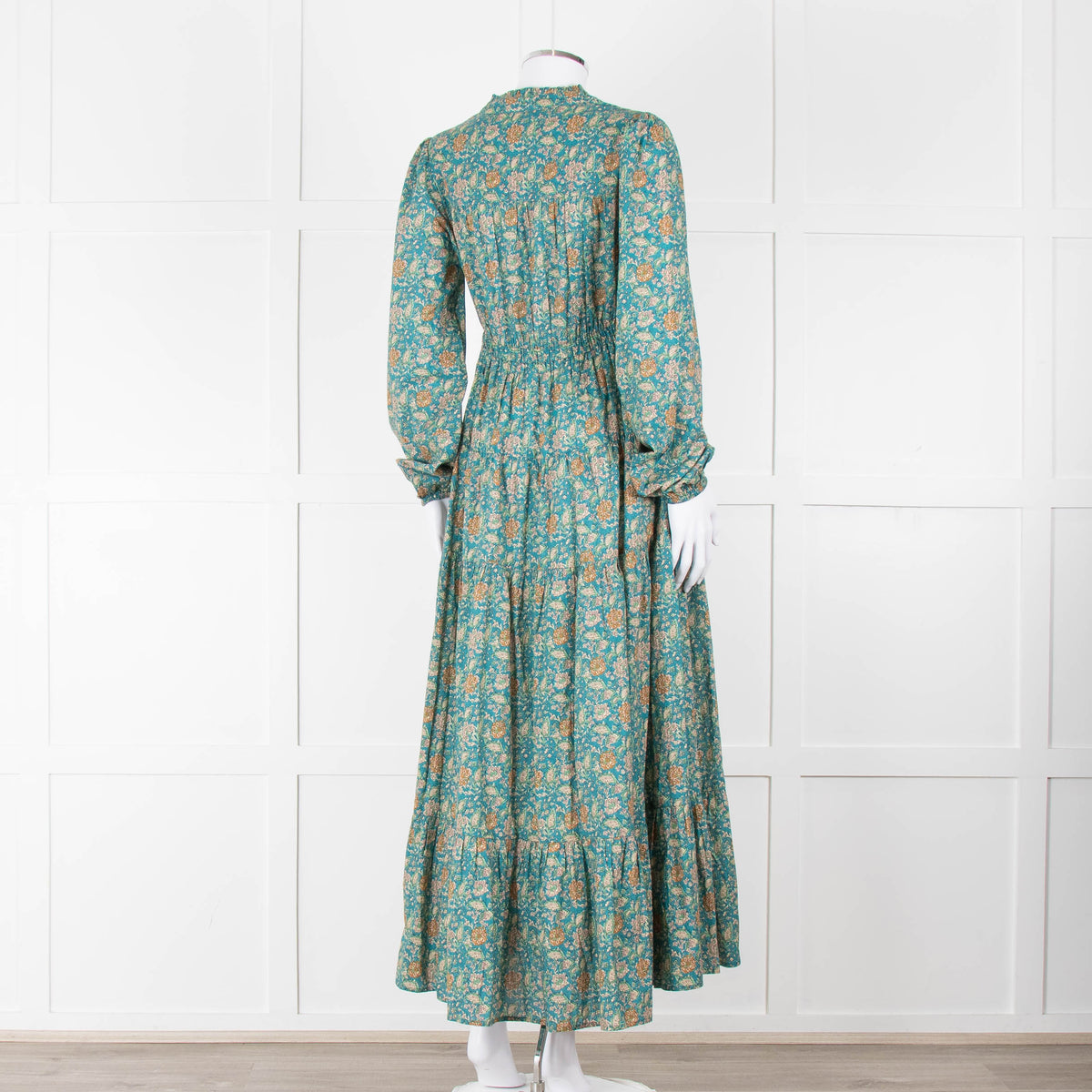 Iris Green Beige Floral Cotton Long Sleeve Maxi Dress
