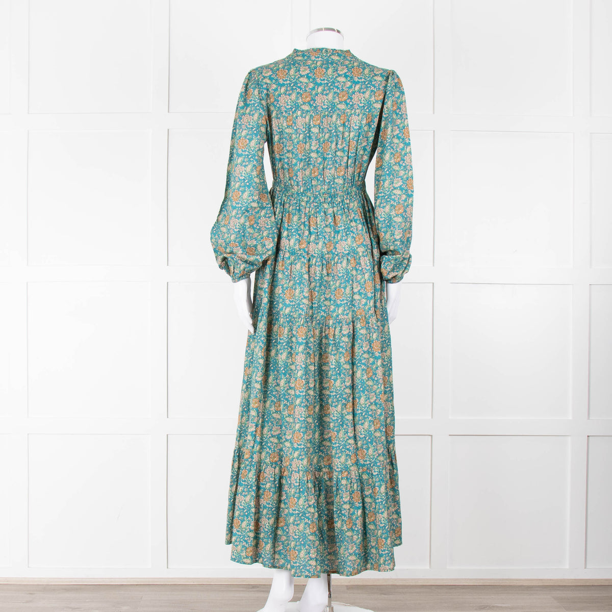 Iris Green Beige Floral Cotton Long Sleeve Maxi Dress