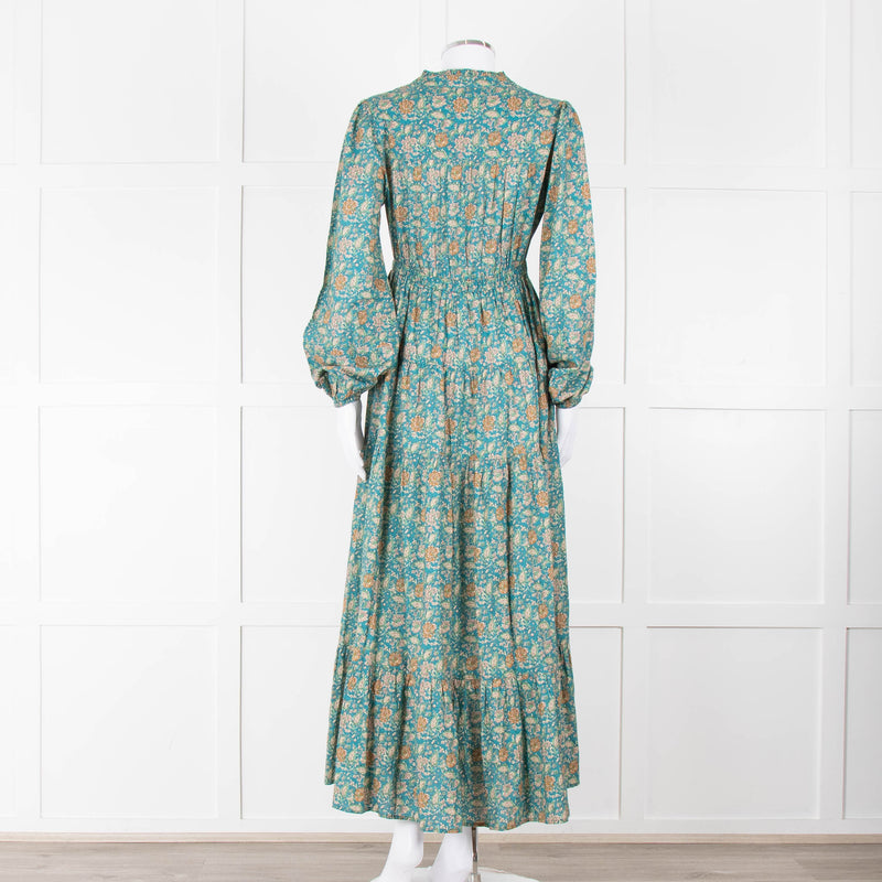 Iris Green Beige Floral Cotton Long Sleeve Maxi Dress