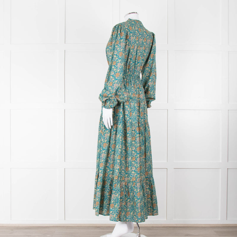 Iris Green Beige Floral Cotton Long Sleeve Maxi Dress