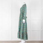 Iris Green Beige Floral Cotton Long Sleeve Maxi Dress