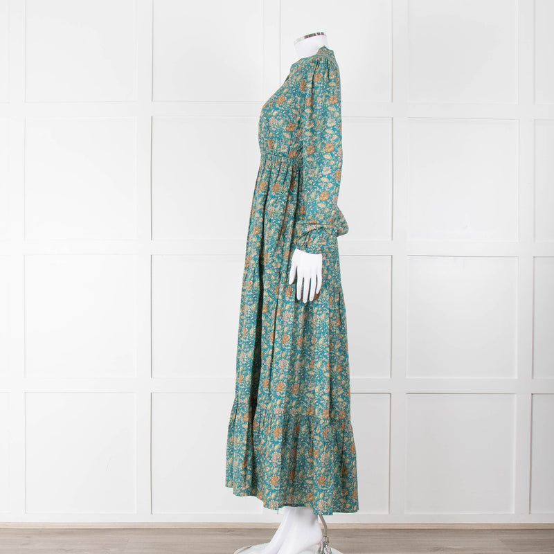 Iris Green Beige Floral Cotton Long Sleeve Maxi Dress