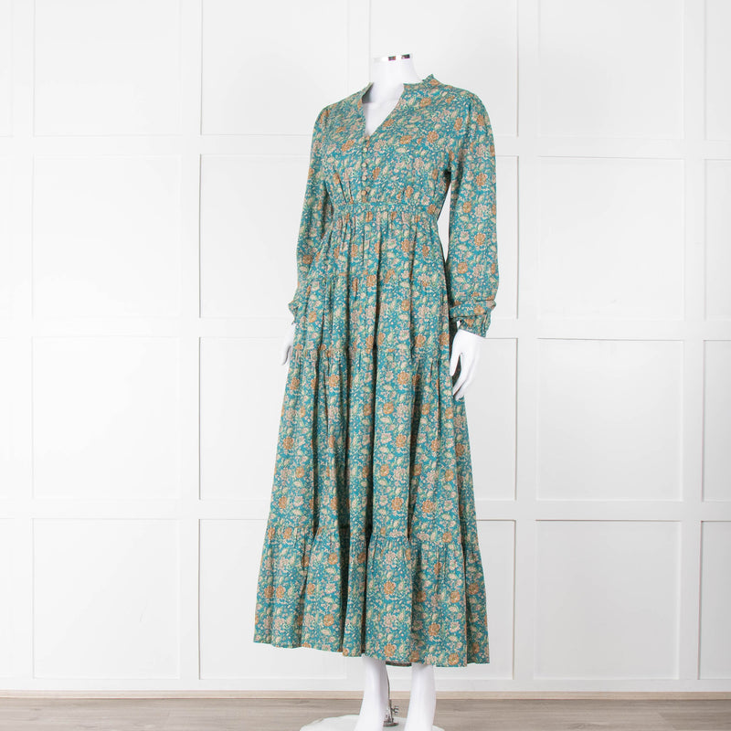 Iris Green Beige Floral Cotton Long Sleeve Maxi Dress