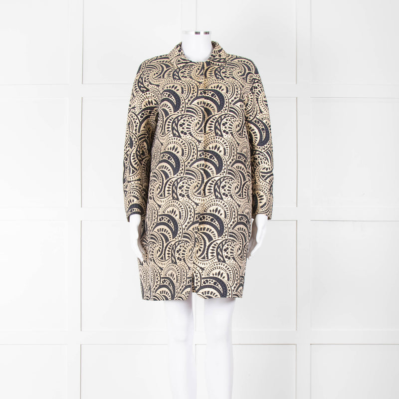 S Max Mara Gold Navy Geometric Jacquard Print  Coat