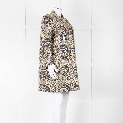 S Max Mara Gold Navy Geometric Jacquard Print  Coat