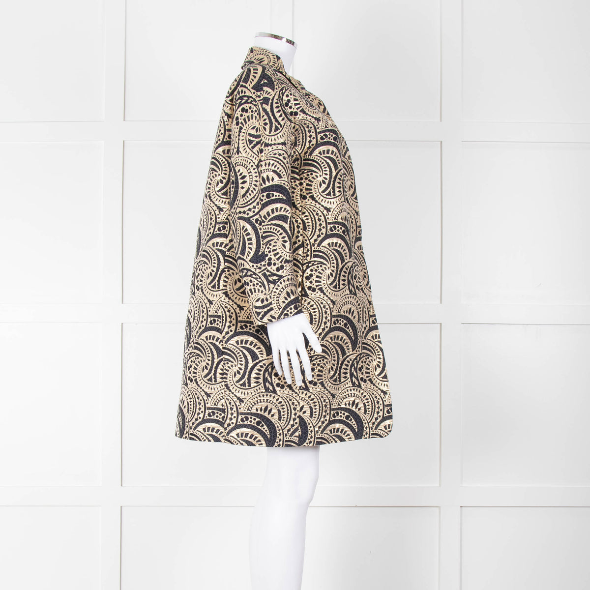 S Max Mara Gold Navy Geometric Jacquard Print  Coat