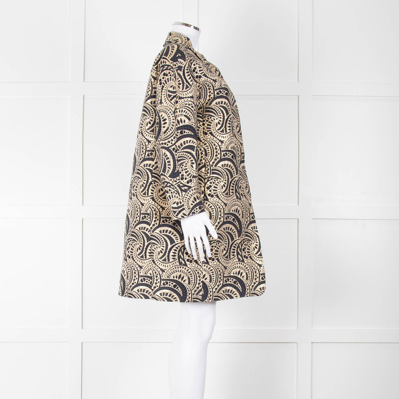 S Max Mara Gold Navy Geometric Jacquard Print  Coat