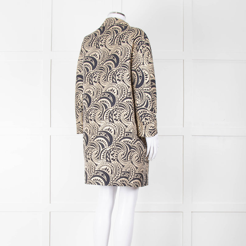 S Max Mara Gold Navy Geometric Jacquard Print  Coat