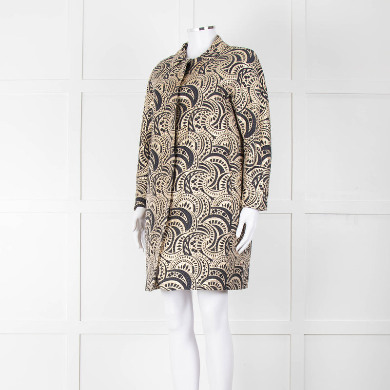 S Max Mara Gold Navy Geometric Jacquard Print  Coat