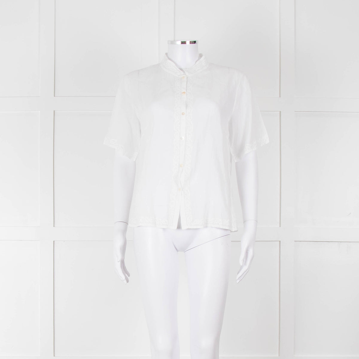 Agnes B White Fine Cotton Embroidered Trim Short Sleeve Shirt