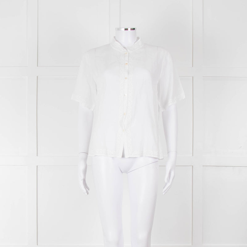 Agnes B White Fine Cotton Embroidered Trim Short Sleeve Shirt