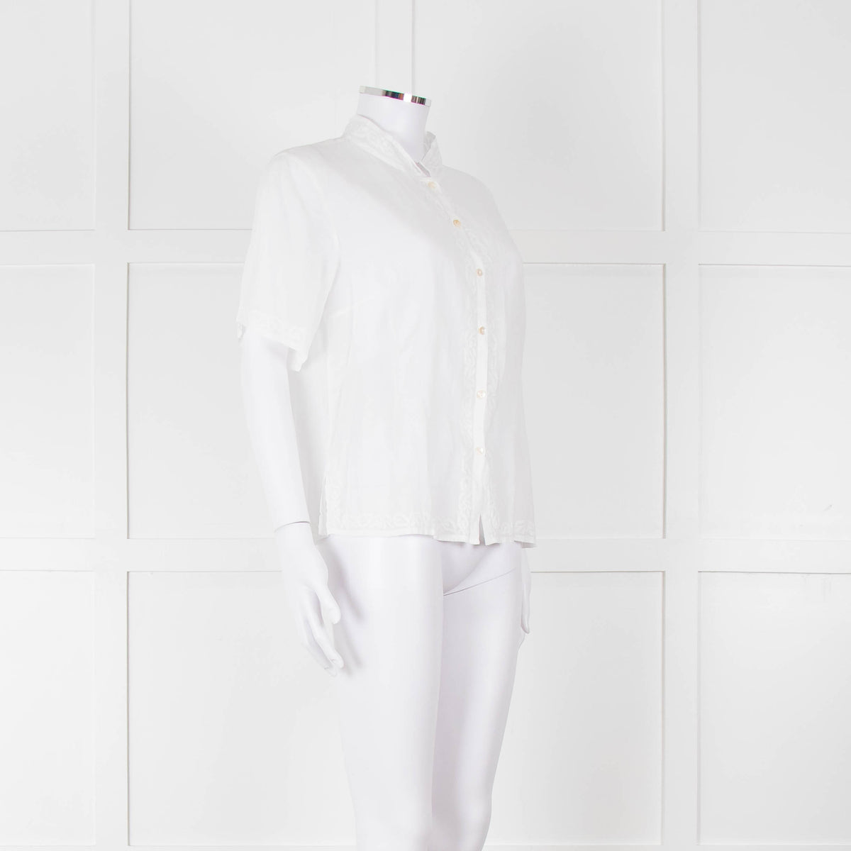 Agnes B White Fine Cotton Embroidered Trim Short Sleeve Shirt