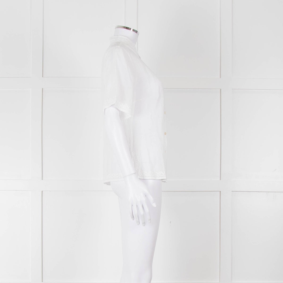 Agnes B White Fine Cotton Embroidered Trim Short Sleeve Shirt