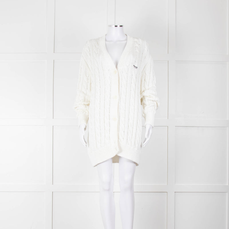 Prada White Cotton Cable Knit Logo Long Oversized Cardigan