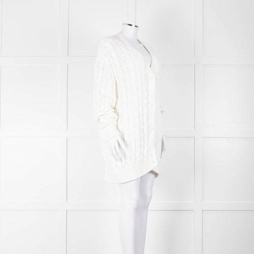 Prada White Cotton Cable Knit Logo Long Oversized Cardigan