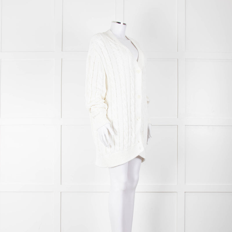 Prada White Cotton Cable Knit Logo Long Oversized Cardigan