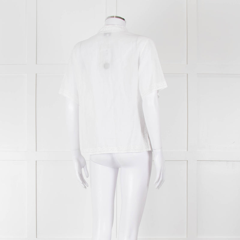 Agnes B White Fine Cotton Embroidered Trim Short Sleeve Shirt
