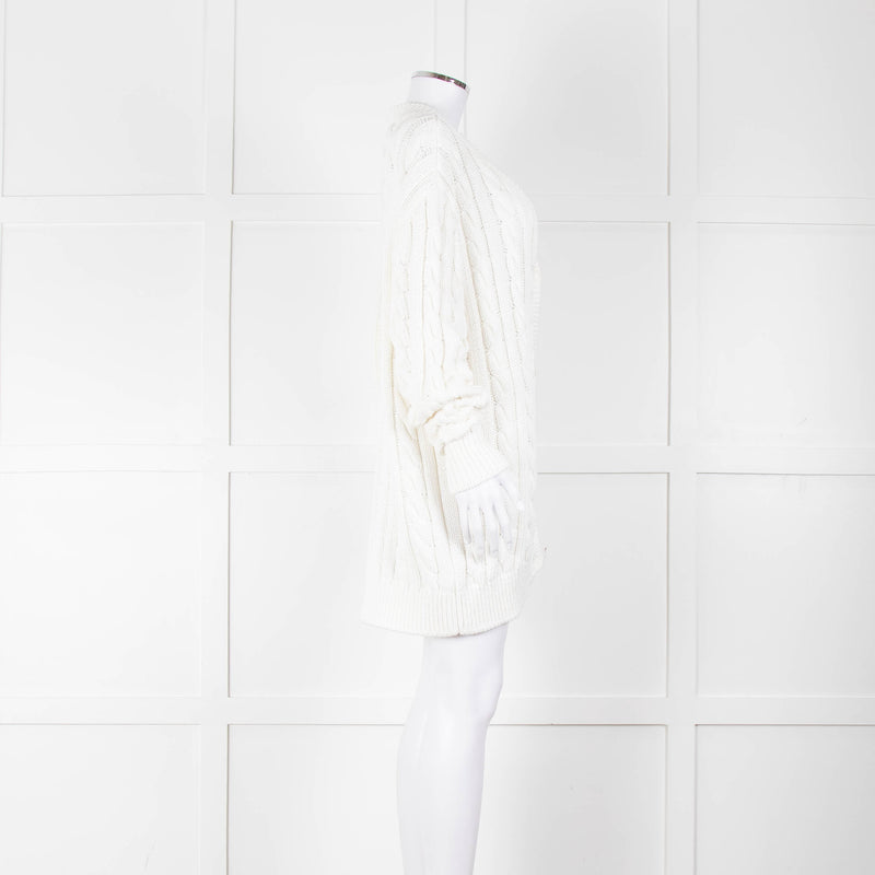 Prada White Cotton Cable Knit Logo Long Oversized Cardigan