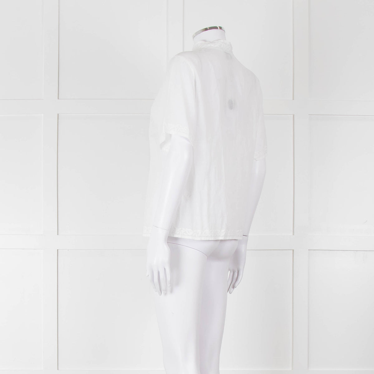 Agnes B White Fine Cotton Embroidered Trim Short Sleeve Shirt