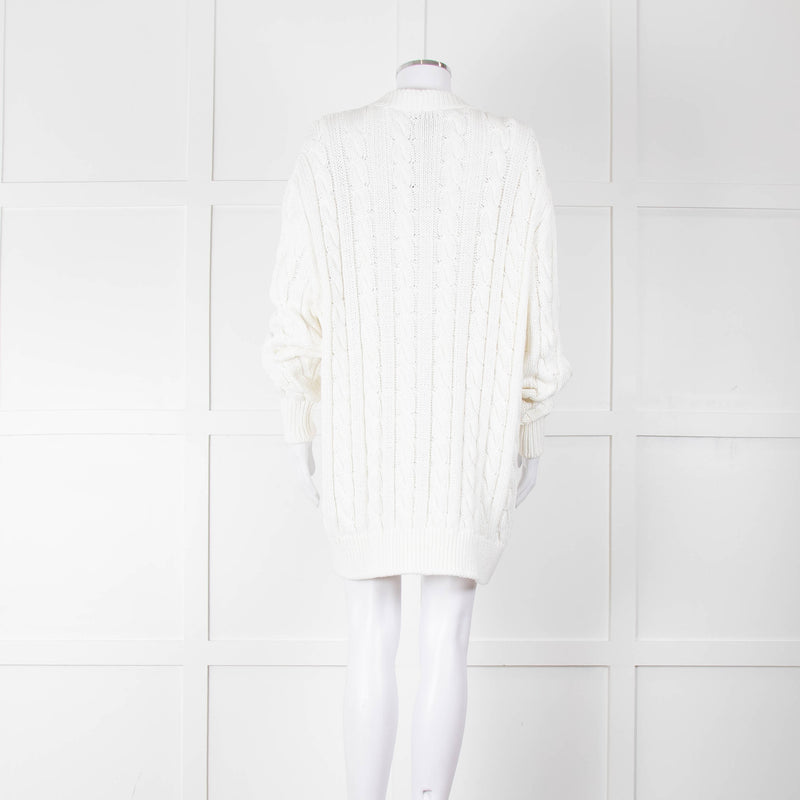 Prada White Cotton Cable Knit Logo Long Oversized Cardigan