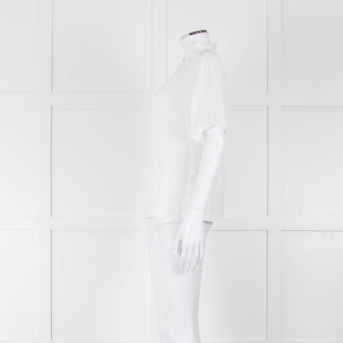 Agnes B White Fine Cotton Embroidered Trim Short Sleeve Shirt