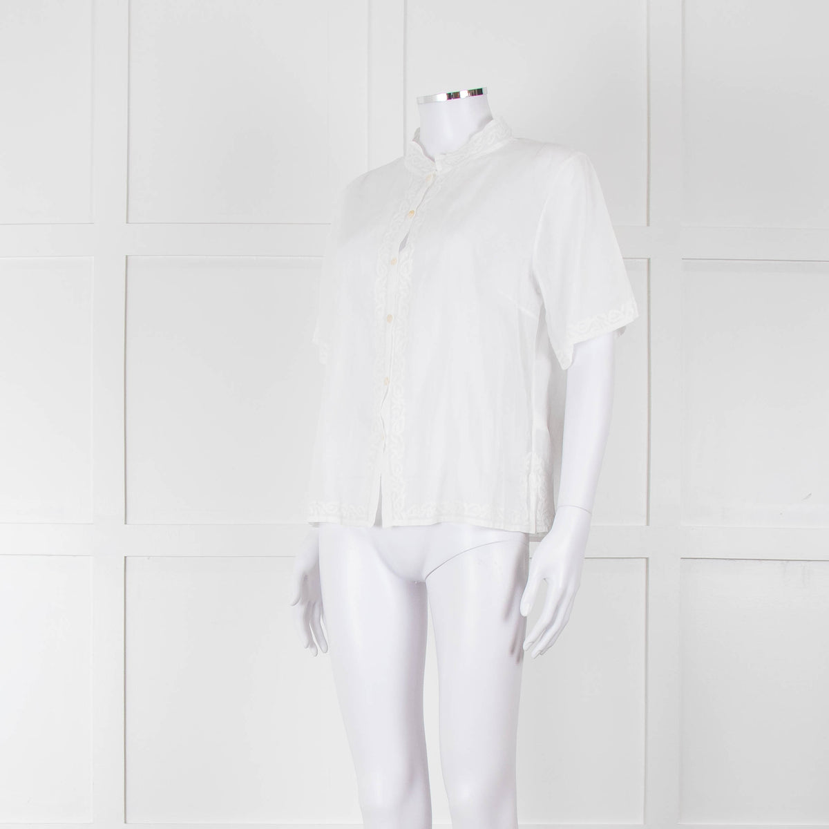 Agnes B White Fine Cotton Embroidered Trim Short Sleeve Shirt