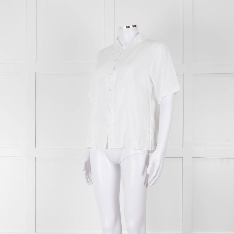 Agnes B White Fine Cotton Embroidered Trim Short Sleeve Shirt