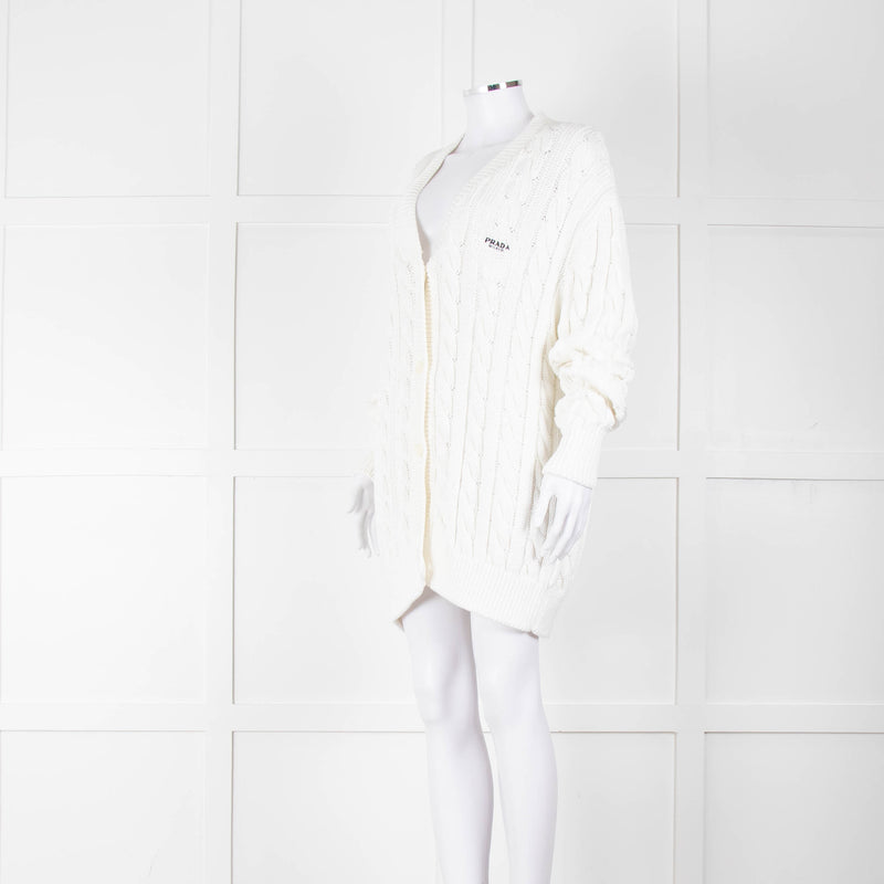 Prada White Cotton Cable Knit Logo Long Oversized Cardigan