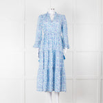 Pink City Prints White Blue Floral Cotton Tiered Midi Dress