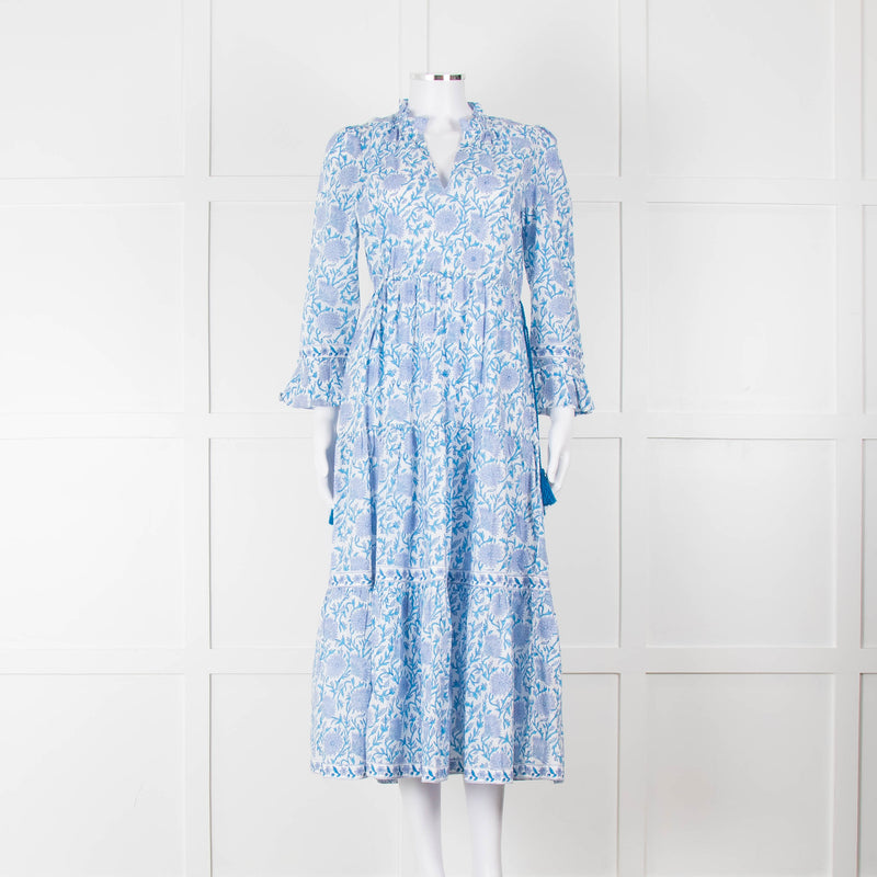 Pink City Prints White Blue Floral Cotton Tiered Midi Dress