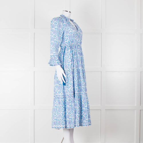 Pink City Prints White Blue Floral Cotton Tiered Midi Dress