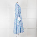 Pink City Prints White Blue Floral Cotton Tiered Midi Dress