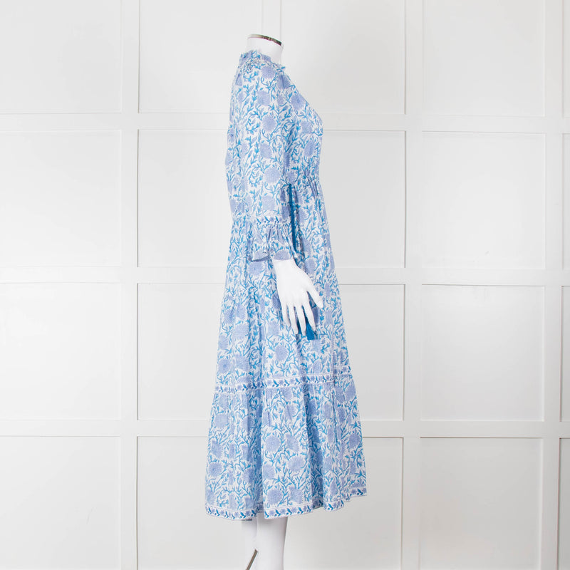 Pink City Prints White Blue Floral Cotton Tiered Midi Dress