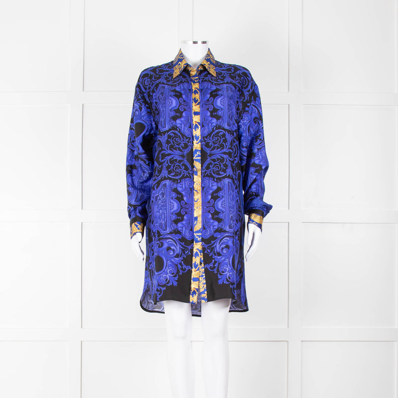 Versace Black Electric Blue Barocco Print Silk Tunic Shirt
