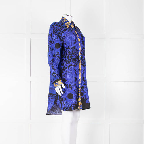 Versace Black Electric Blue Barocco Print Silk Tunic Shirt