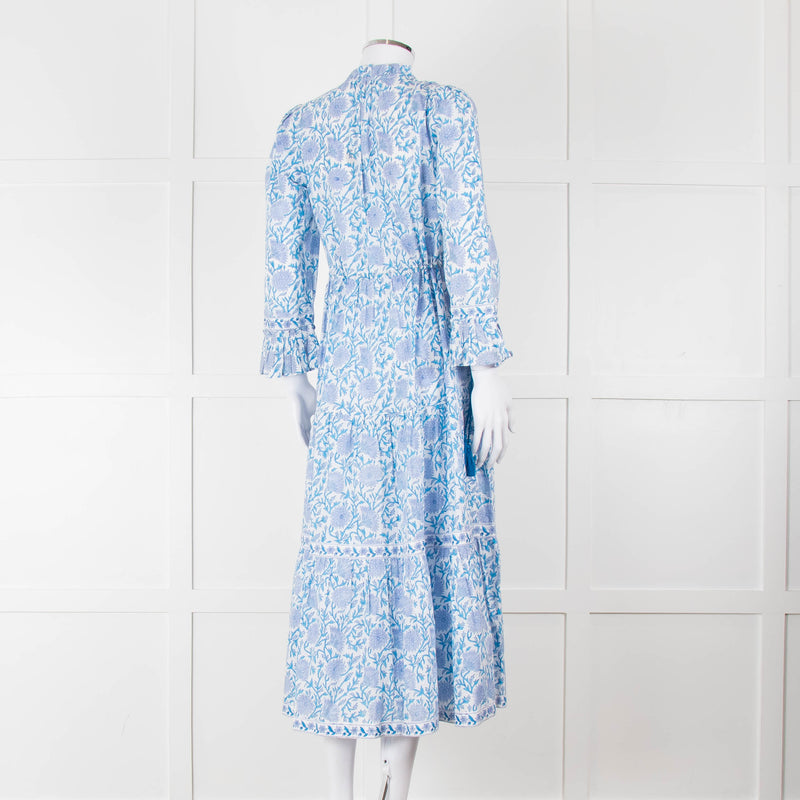 Pink City Prints White Blue Floral Cotton Tiered Midi Dress