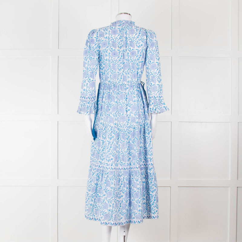 Pink City Prints White Blue Floral Cotton Tiered Midi Dress