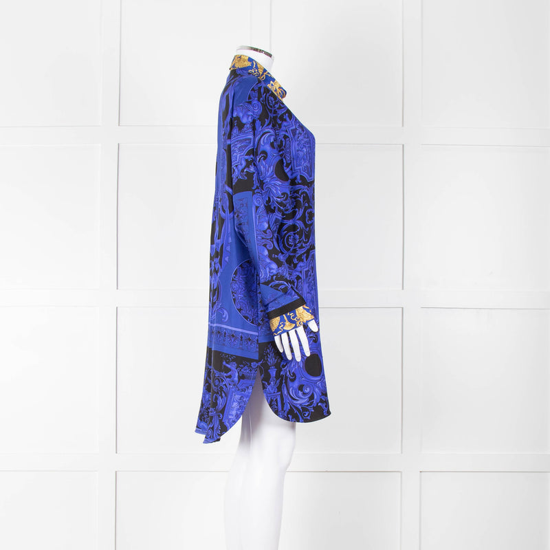 Versace Black Electric Blue Barocco Print Silk Tunic Shirt