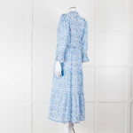 Pink City Prints White Blue Floral Cotton Tiered Midi Dress