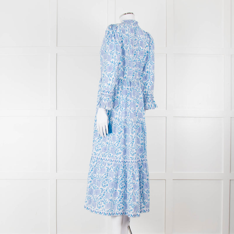 Pink City Prints White Blue Floral Cotton Tiered Midi Dress
